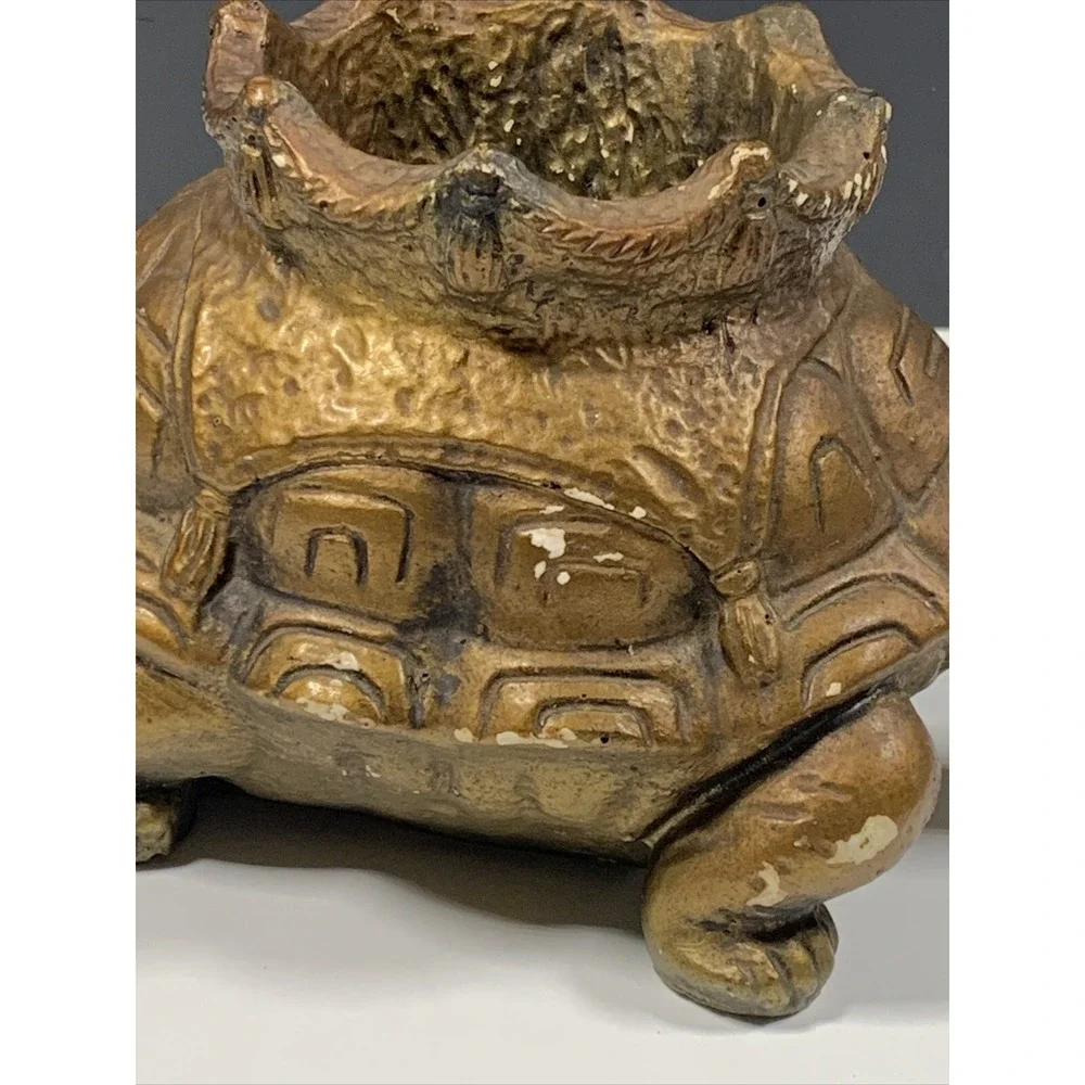Vintage Turtle Trinket Dish Holder Gold Tone Crown Embossed Shell Desk Animal